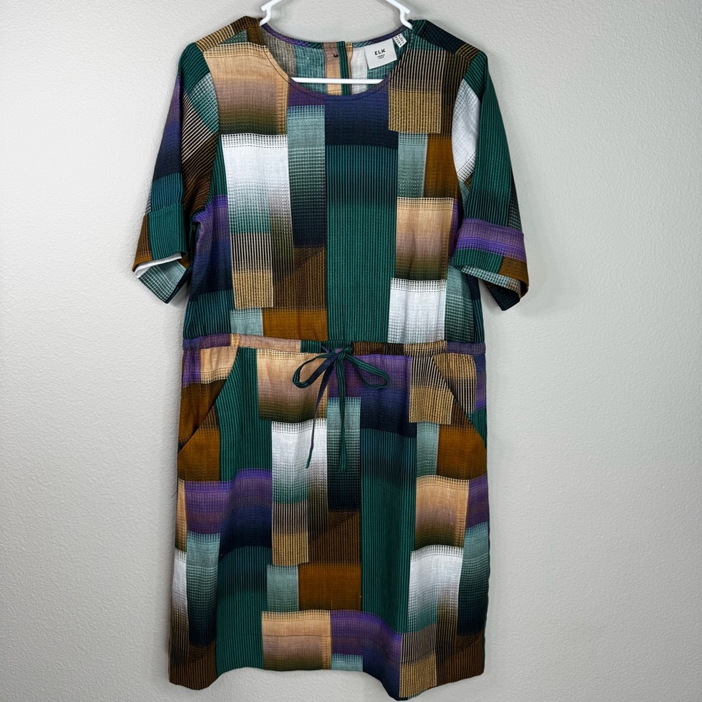 Elk Multicolor Colorful Geometric Midi Dress Linen Short Sleeve 6